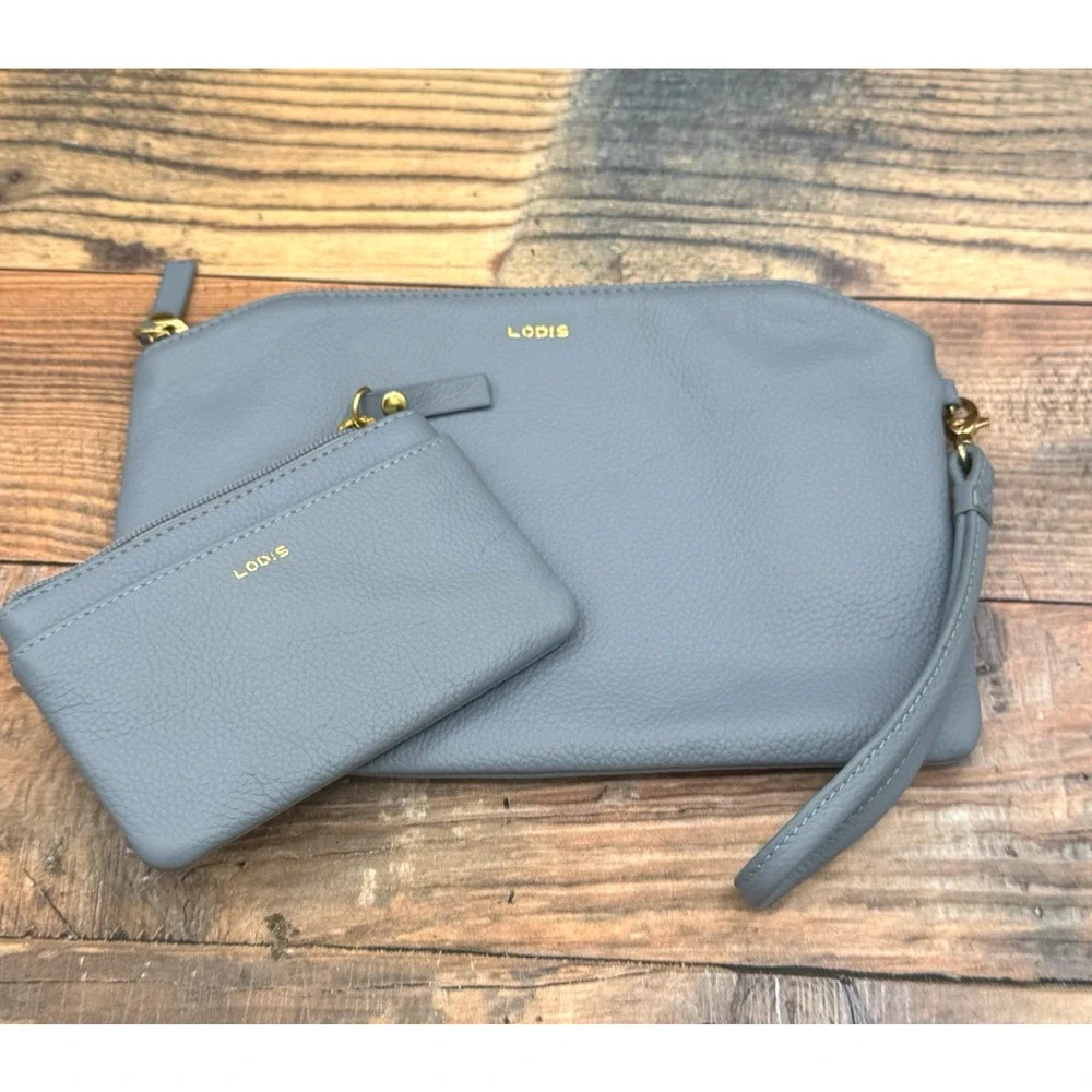 2 Pc Set Lodis Italian Leather Dustin Eiffel Wristlet & Wallet RFID Powder Blue